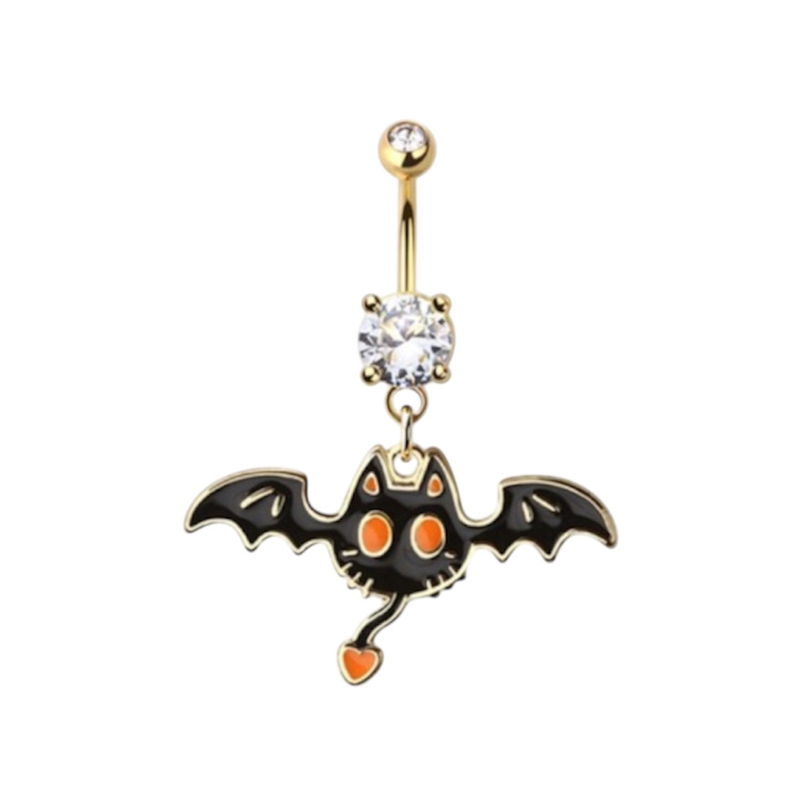 Surgical Steel Belly Ring 14G 10mm PVD Gold with Cat & Bat CZ Dangle