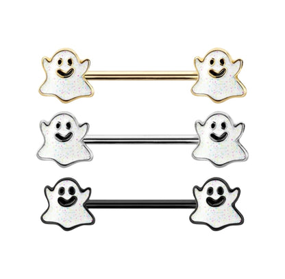 Surgical Steel Nipple Barbell 14G 14mm with Spooky Ghost Ends - Pair