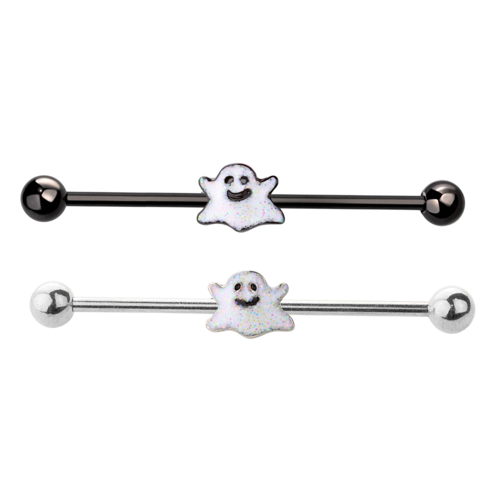 Surgical Steel 14 Gauge Industrial Barbell with Spooky Smiley Ghost