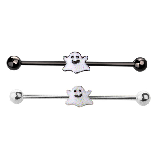 Surgical Steel 14 Gauge Industrial Barbell with Spooky Smiley Ghost
