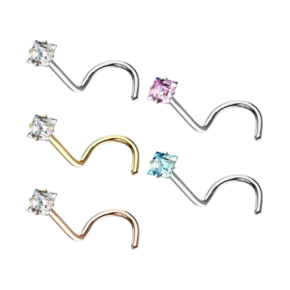 Surgical Steel 20 Gauge Corkscrew Nose Stud with Square CZ Top