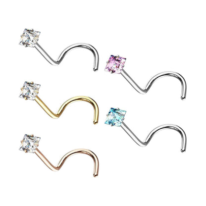 Surgical Steel 20 Gauge Corkscrew Nose Stud with Square CZ Top