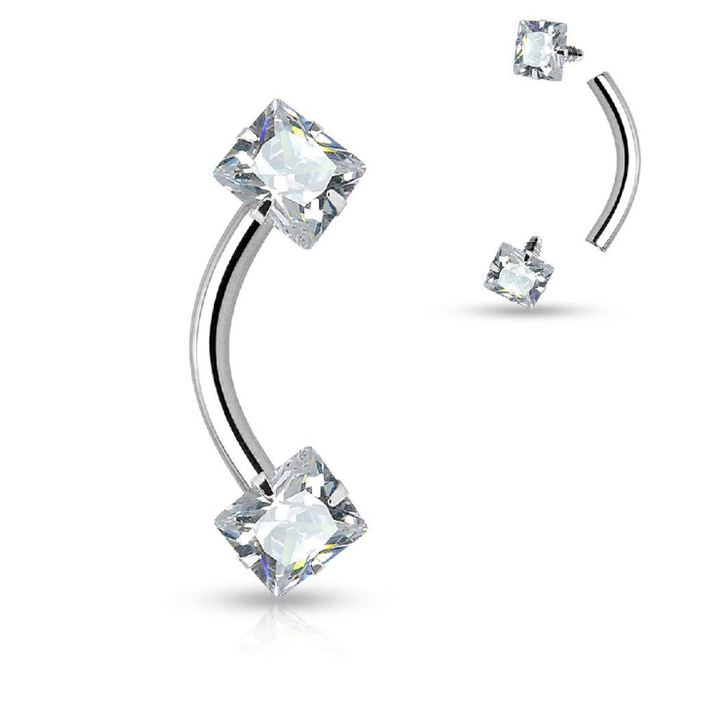 Surgical Steel 16 Gauge Curved Barbell with Square Prong Set CZ