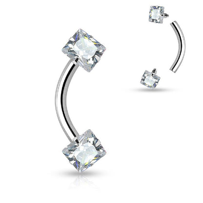 Surgical Steel 16 Gauge Curved Barbell with Square Prong Set CZ