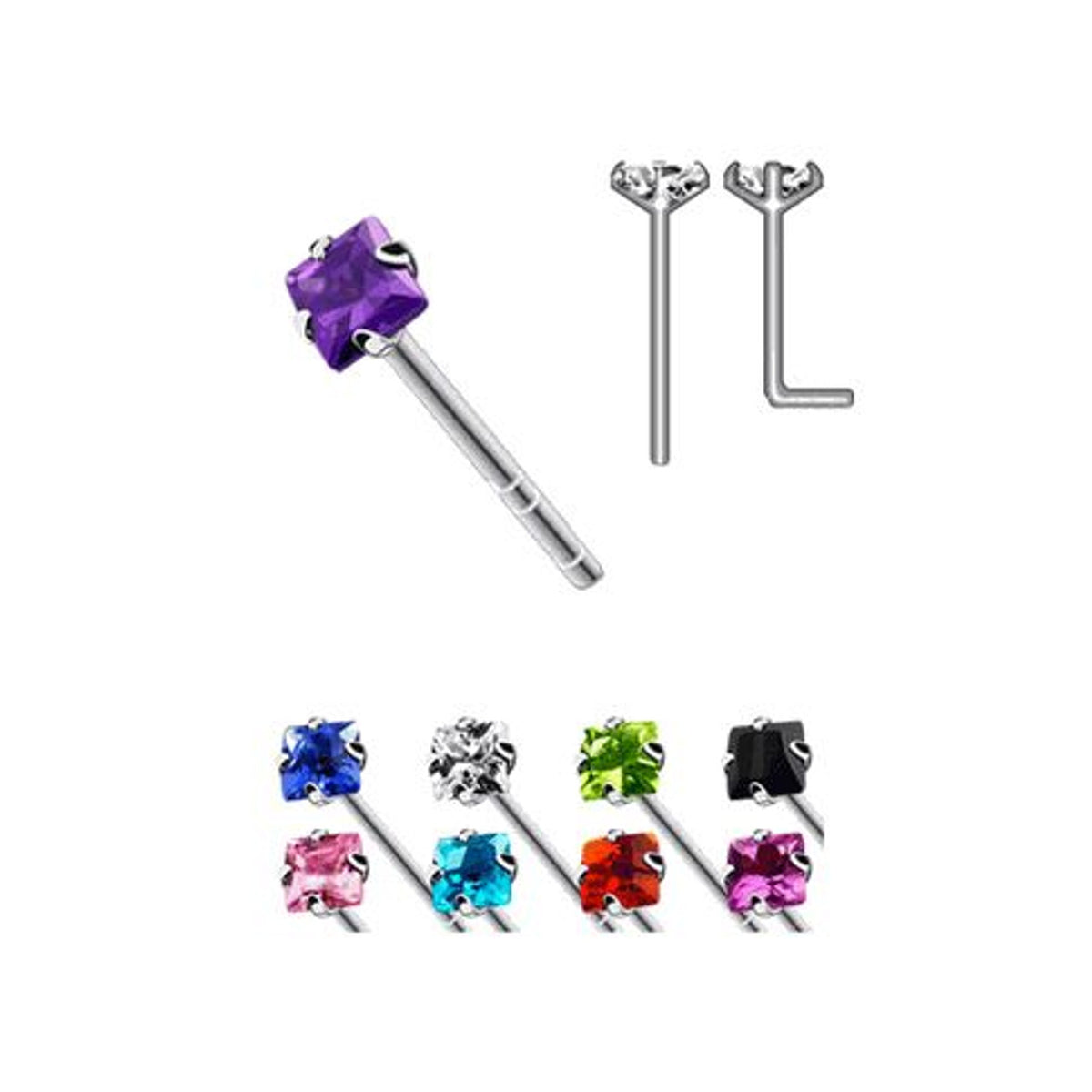 .925 Sterling Silver 20 Gauge Fishtail Nose Stud with Square CZ