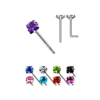 .925 Sterling Silver 20 Gauge Fishtail Nose Stud with Square CZ