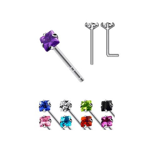 .925 Sterling Silver 20 Gauge Fishtail Nose Stud with Square CZ