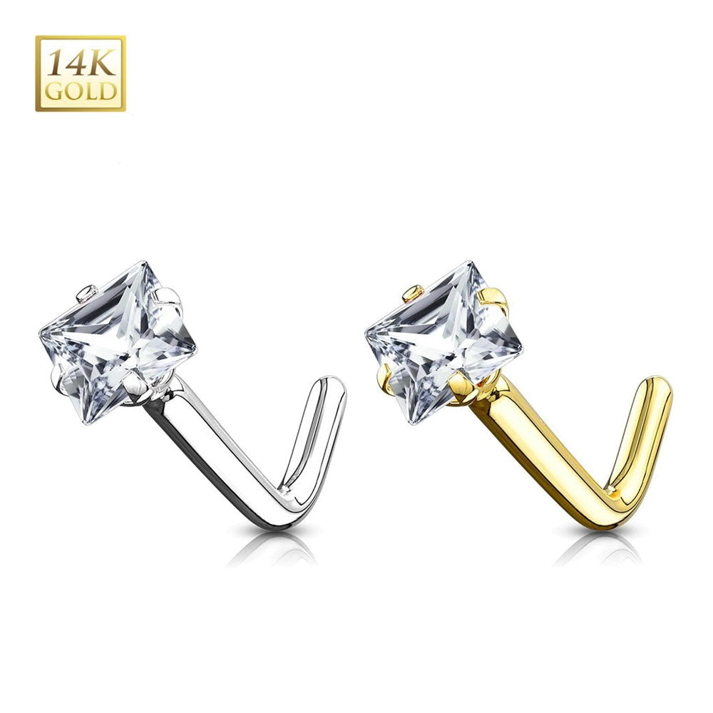 14K Solid Gold 20 Gauge L-Shaped Nose Stud with Square CZ