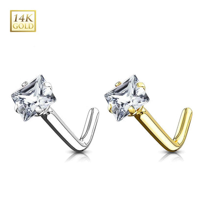 14K Solid Gold 20 Gauge L-Shaped Nose Stud with Square CZ