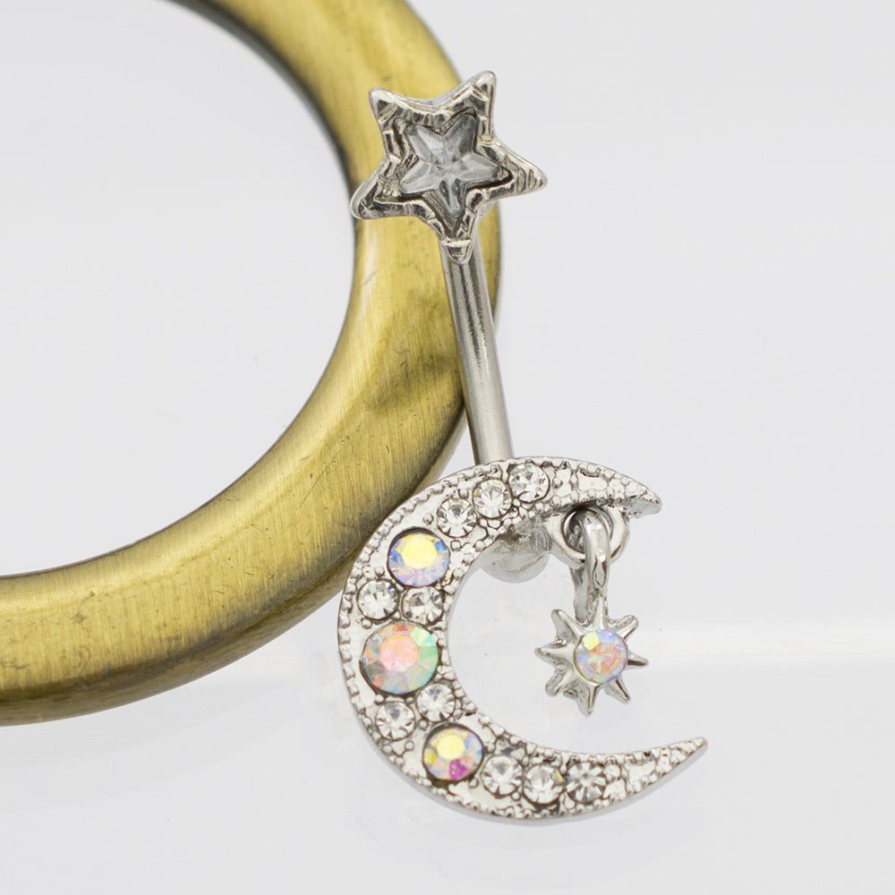 Surgical Steel 14 Gauge Belly Ring with Star and Moon Charm - photo 3