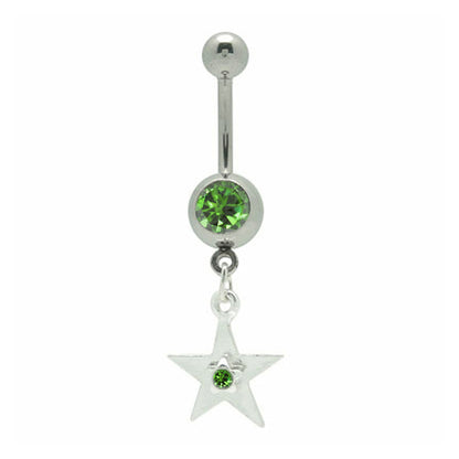 Surgical Steel 14 Gauge Belly Ring with Green CZ Star Dangle