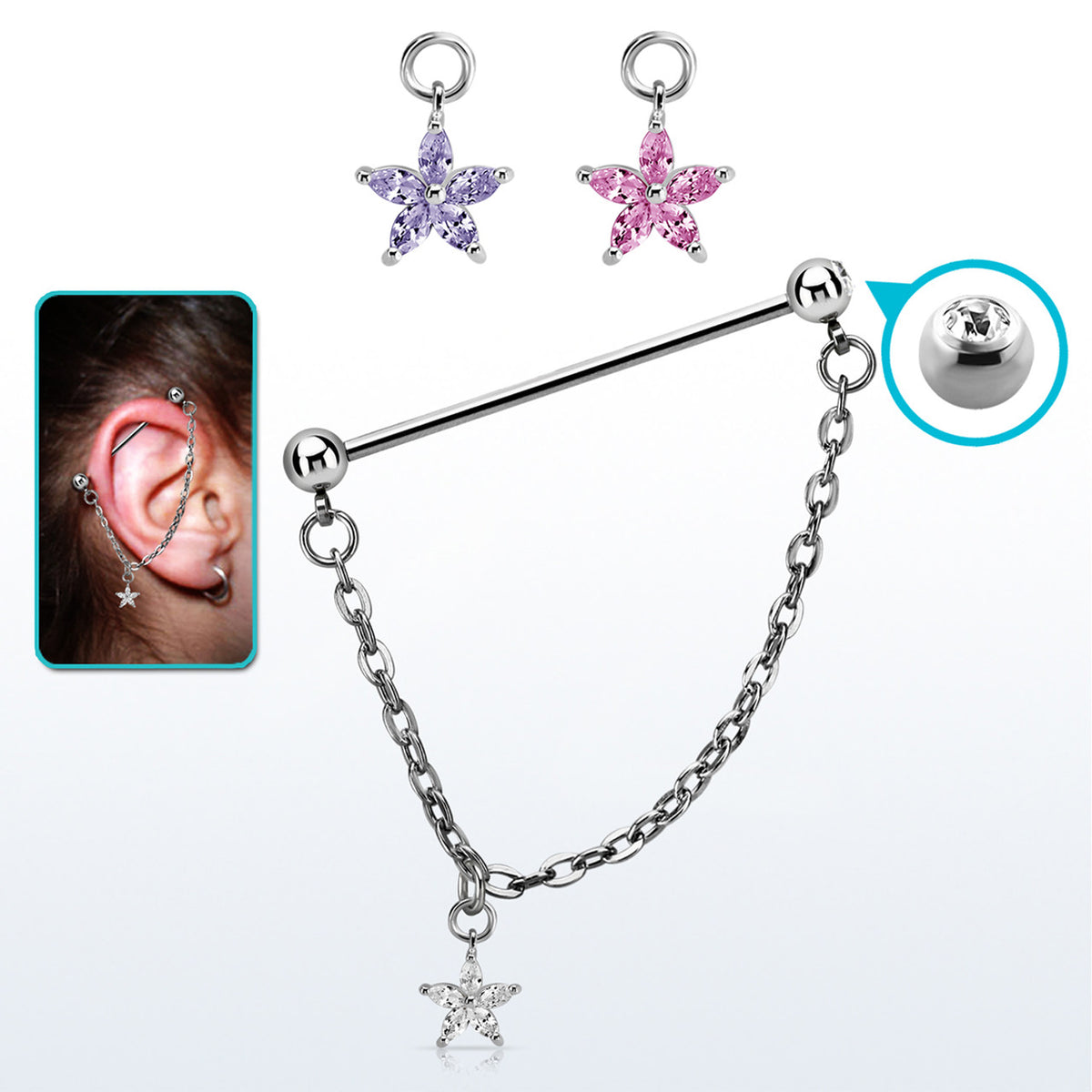 Surgical Steel 14 Gauge Industrial Barbell with CZ Star Chain Dangle