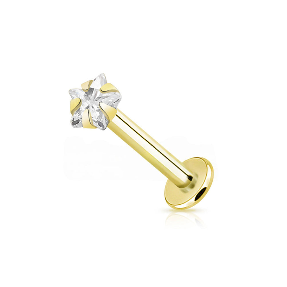 14K Solid Gold 16 Gauge Star CZ Top Labret Stud