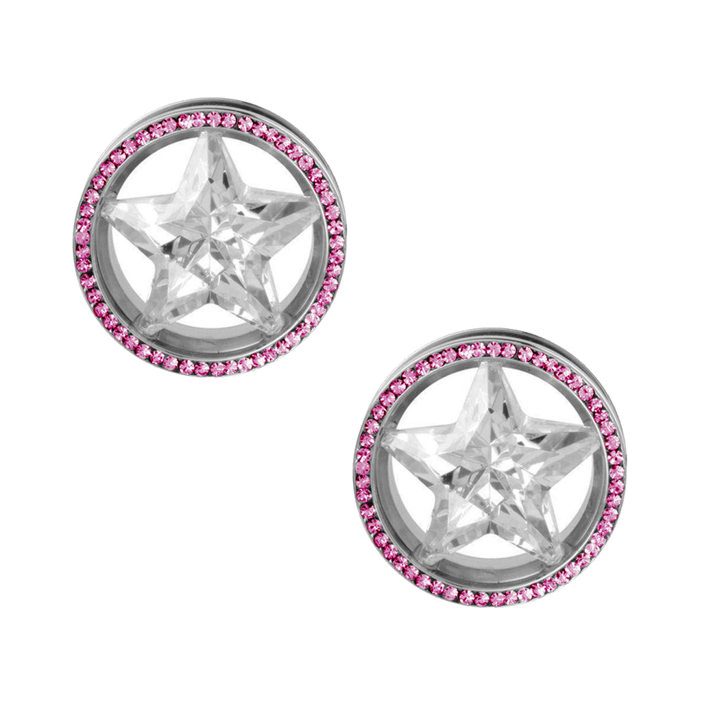 Surgical Steel 6 to 2 Gauge Star CZ Screw Fit Ear Tunnels - Pair