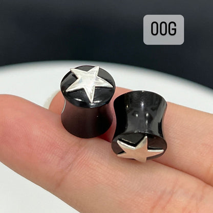 Black Organic Bone Double Flare Ear Plugs with Star 6G to 12mm - Pair - photo 9