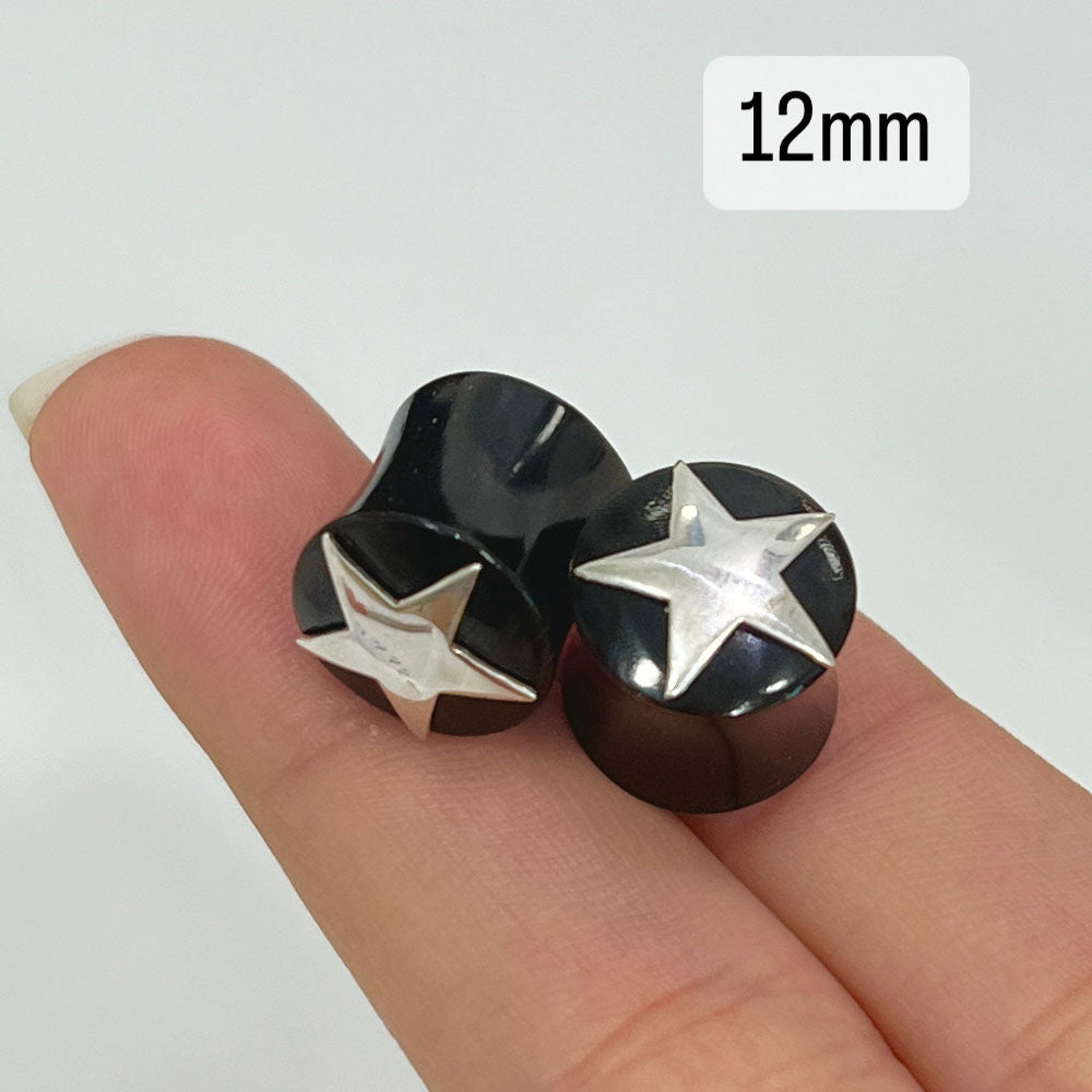Black Organic Bone Double Flare Ear Plugs with Star 6G to 12mm - Pair - photo 14