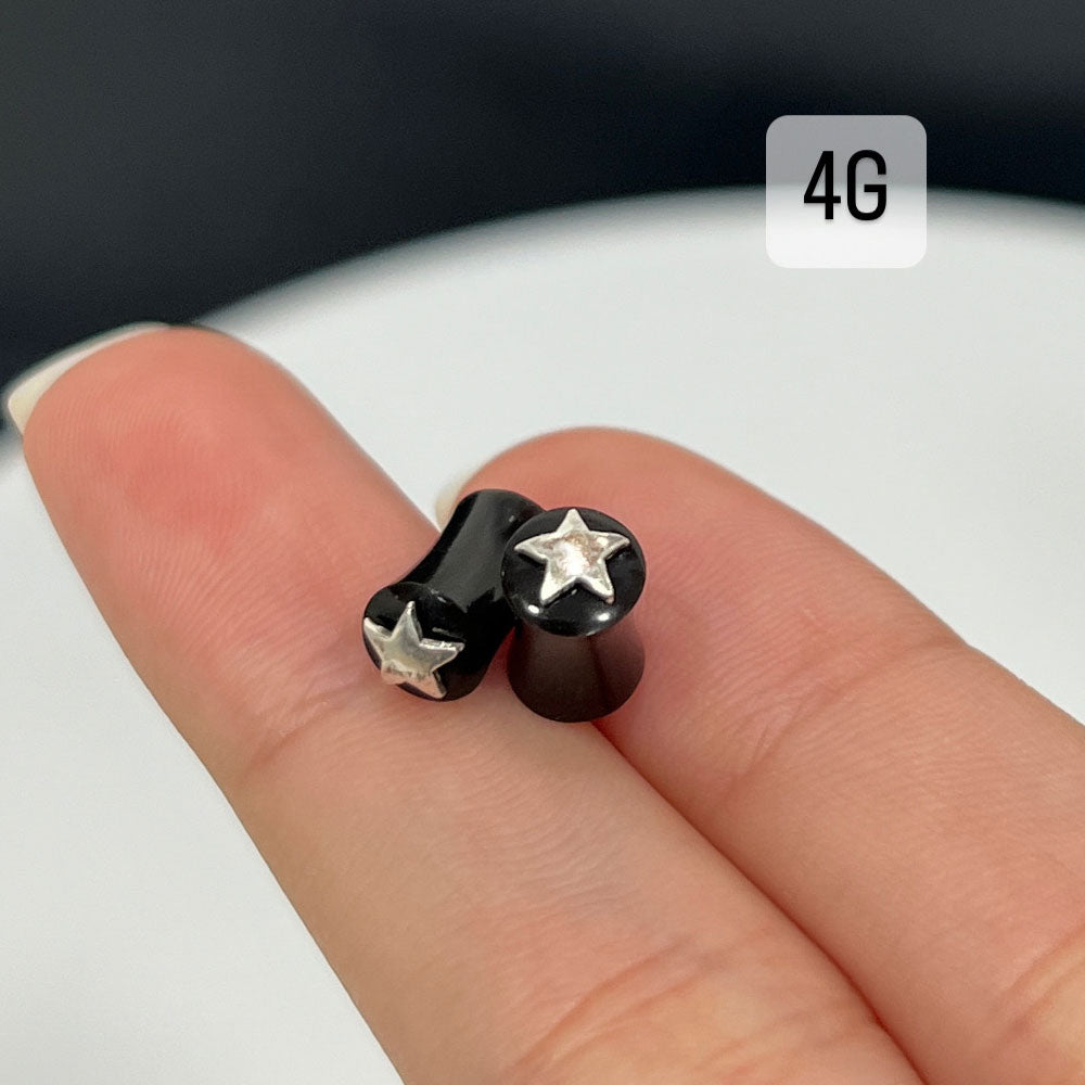 Black Organic Bone Double Flare Ear Plugs with Star 6G to 12mm - Pair - photo 12