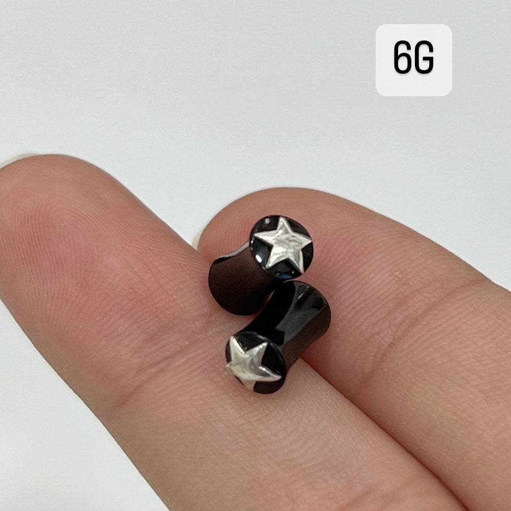 Black Organic Bone Double Flare Ear Plugs with Star 6G to 12mm - Pair - photo 13