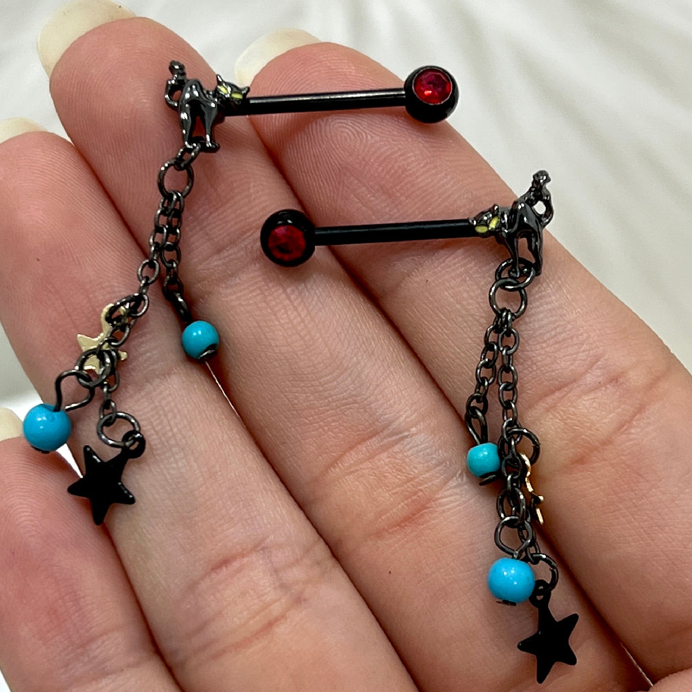 Surgical Steel 14 Gauge Nipple Barbell with Cat Star Dangle - Pair - photo 4