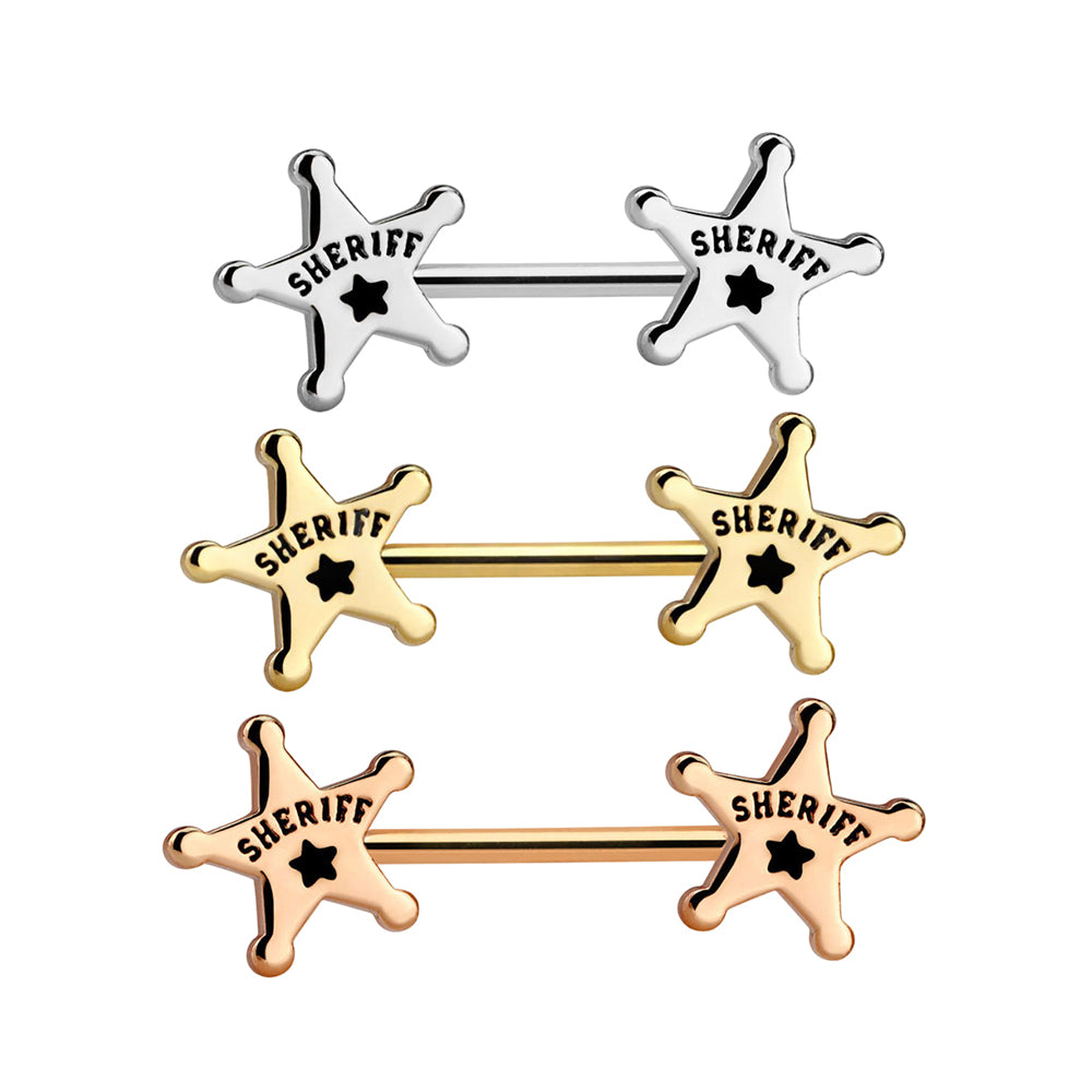 Surgical Steel Nipple Barbell 14G 14mm with Sheriff Badge Star - Pair