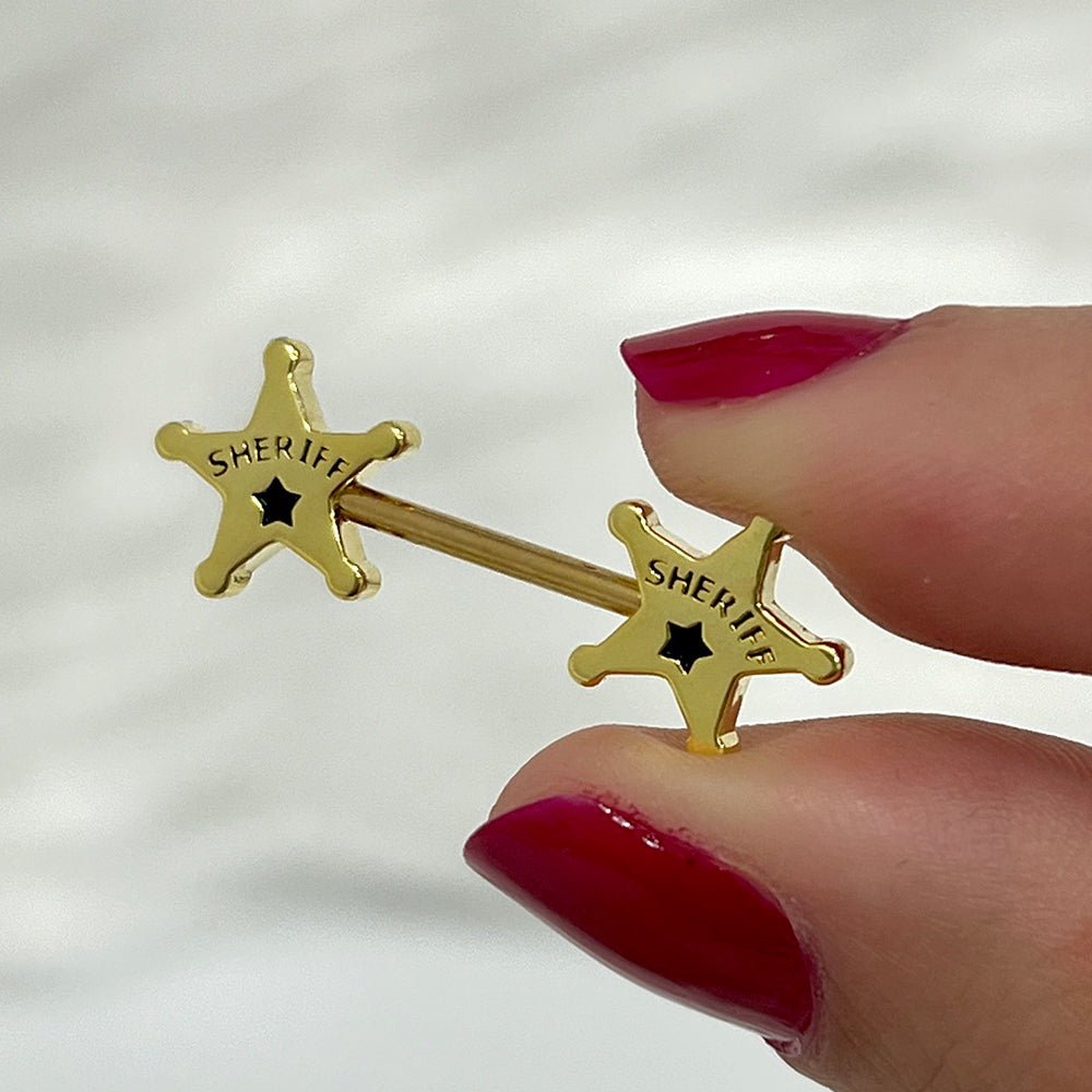 Surgical Steel Nipple Barbell 14G 14mm with Sheriff Badge Star - Pair - photo 2