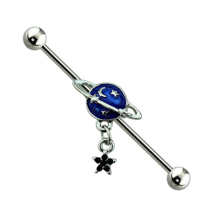 Surgical Steel 14 Gauge Industrial Barbell with CZ Star Saturn