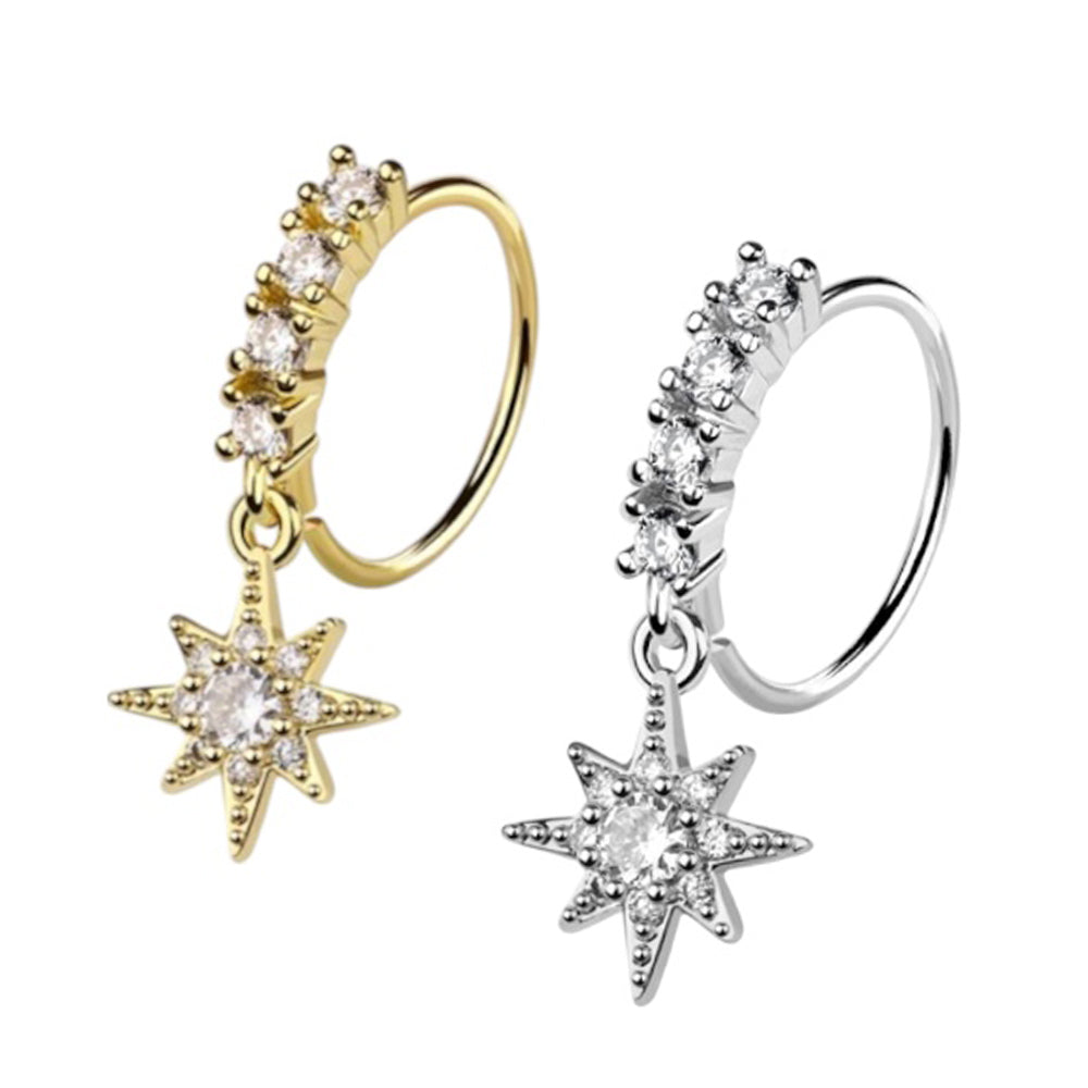 Surgical steel nose hoop with starburst CZ dangle