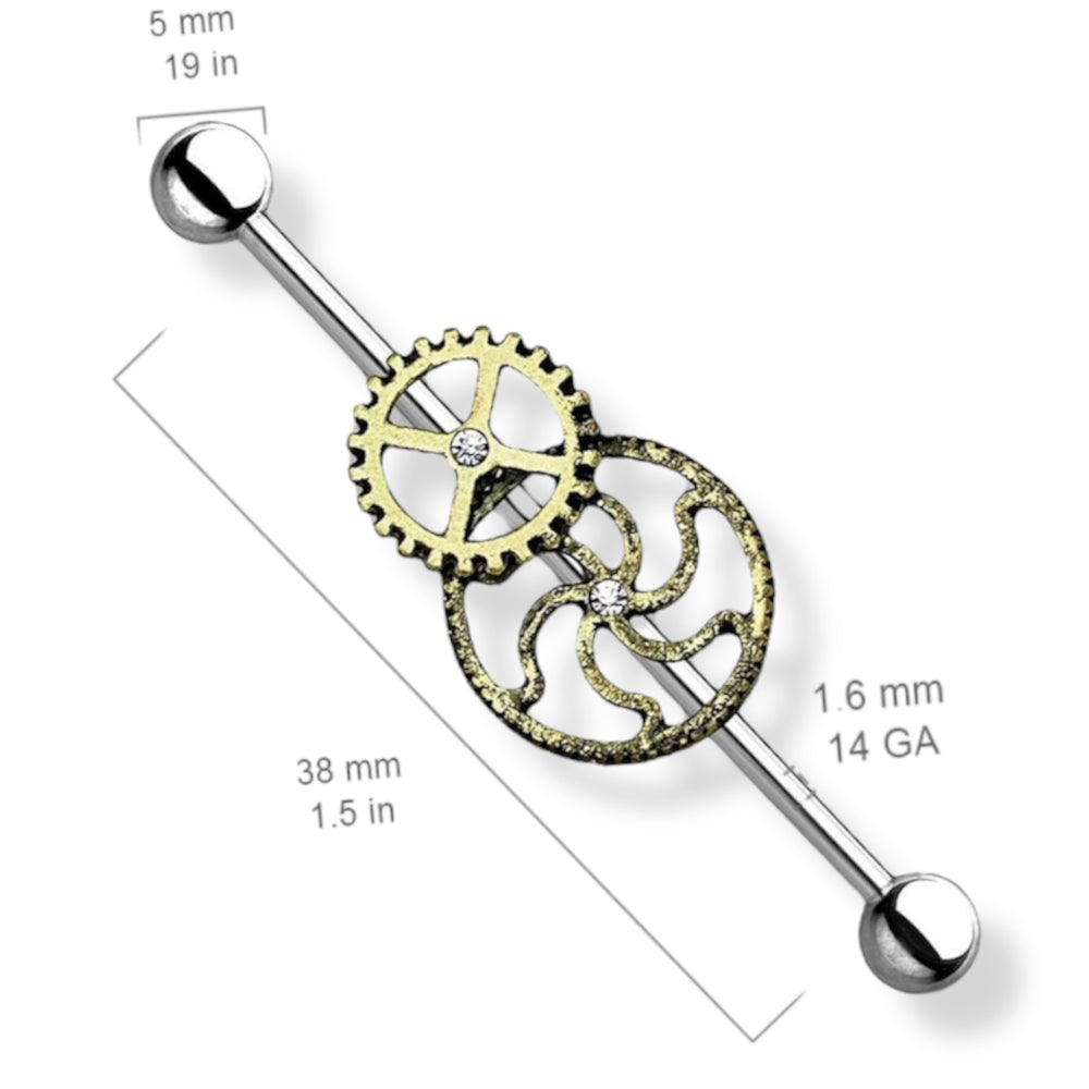 Surgical Steel 14 Gauge Steampunk Gear Industrial Barbell