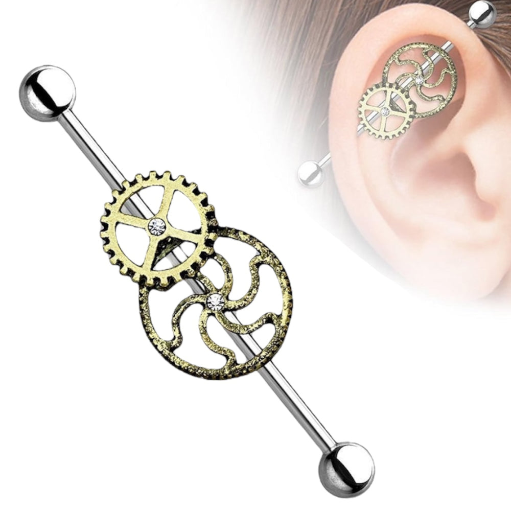 Surgical Steel 14 Gauge Steampunk Gear Industrial Barbell