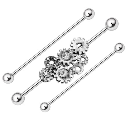 Surgical Steel 14 Gauge Industrial Barbell Steampunk Gears - 3 Pack