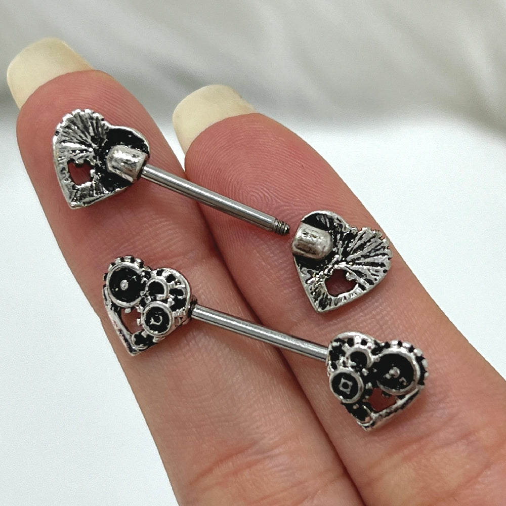 Surgical Steel 14 Gauge Nipple Barbell with Steampunk Heart - Pair - photo 4