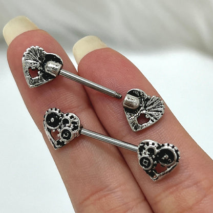 Surgical Steel 14 Gauge Nipple Barbell with Steampunk Heart - Pair - photo 4