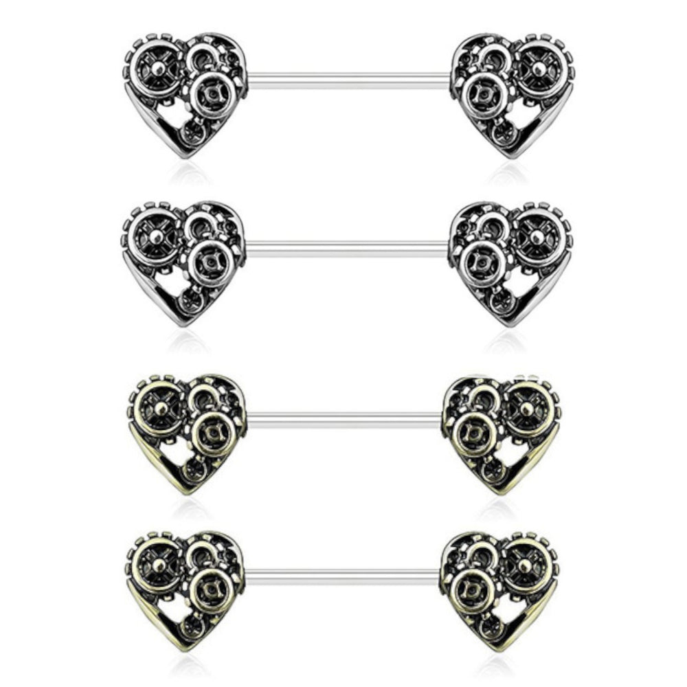Surgical Steel 14 Gauge Nipple Barbell with Steampunk Heart - Pair