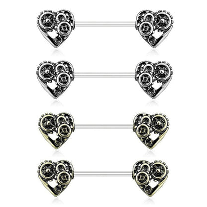 Surgical Steel 14 Gauge Nipple Barbell with Steampunk Heart - Pair