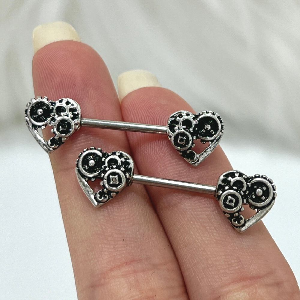 Surgical Steel 14 Gauge Nipple Barbell with Steampunk Heart - Pair - photo 3