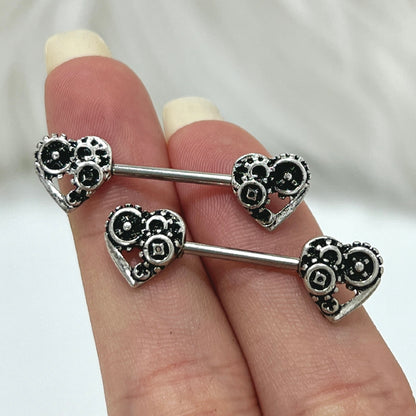 Surgical Steel 14 Gauge Nipple Barbell with Steampunk Heart - Pair - photo 3