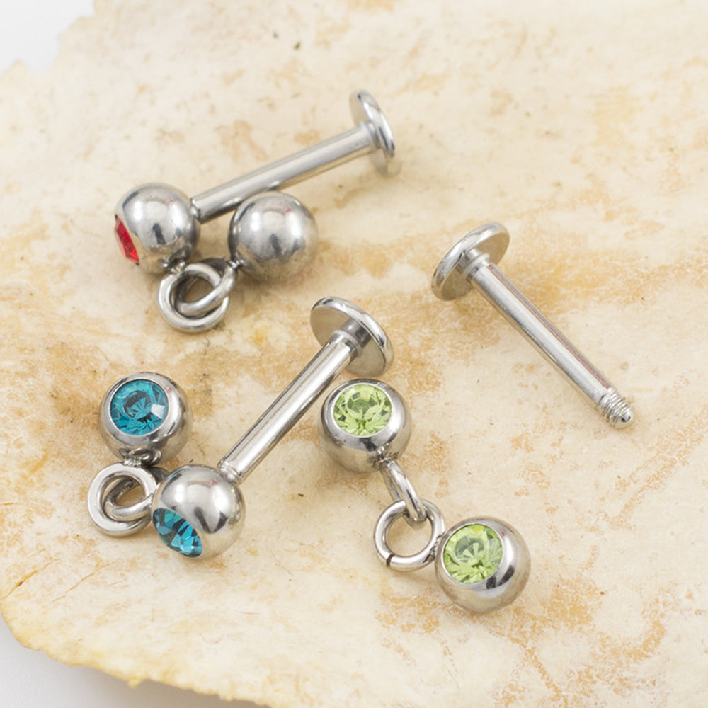 Surgical Steel 14 Gauge Labret Studs with Dangle CZ Ball - 3 Pack