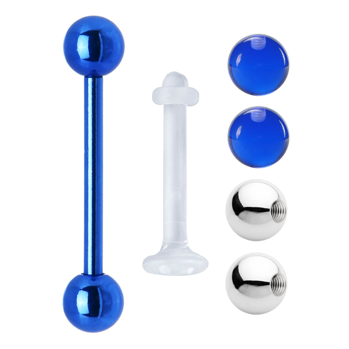 Surgical Steel 14 Gauge Tongue Barbell and Retainer Set - 6 Pack