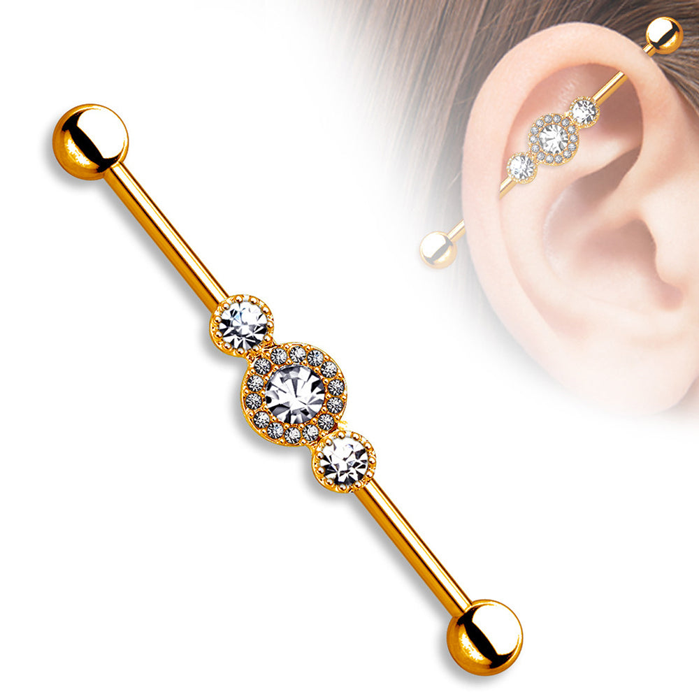 Surgical Steel 14 Gauge Industrial Barbell Gold CZ with Triple Diamond - View 2