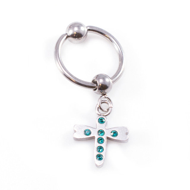 Surgical Steel 14 to 18 Gauge Captive Ring with Dangling Dragonfly CZ - photo 3