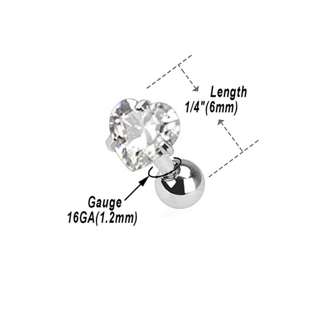 Surgical Steel 16 Gauge Prong Heart CZ Tragus Barbells - 3 Pack