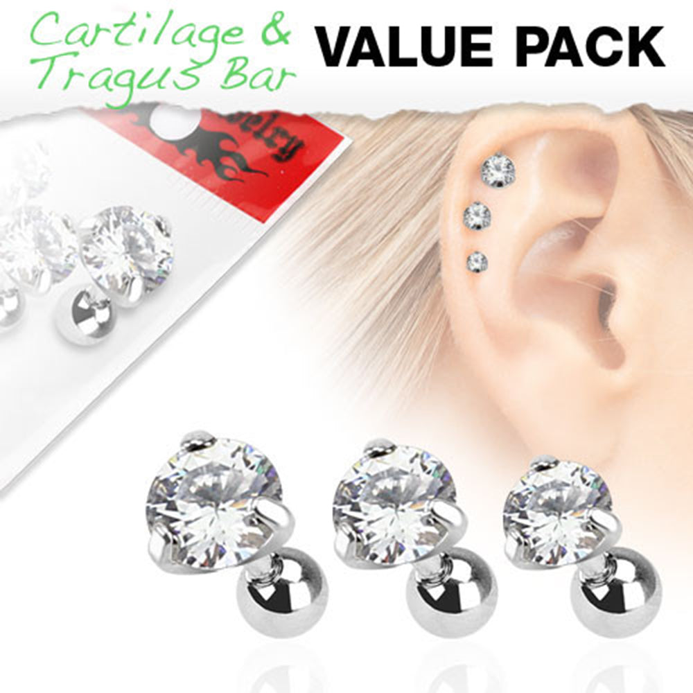 Surgical Steel 16 Gauge Prong CZ Tragus Barbell Earrings - 3 Pack