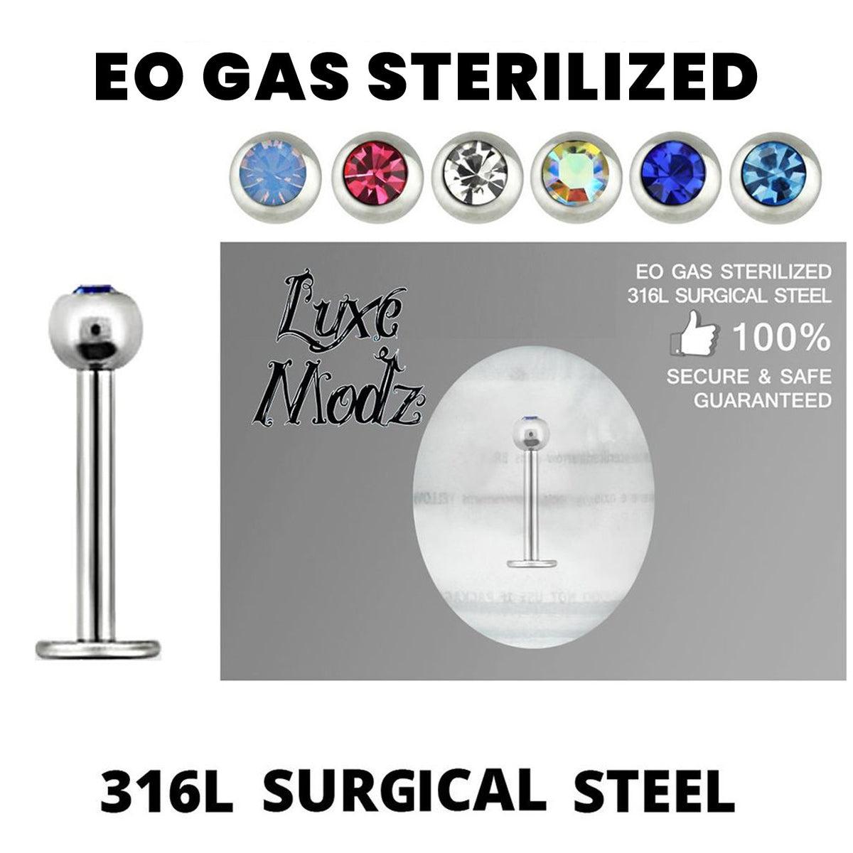 Surgical Steel 16 Gauge Sterilized CZ Ball Labret Stud Flat Back