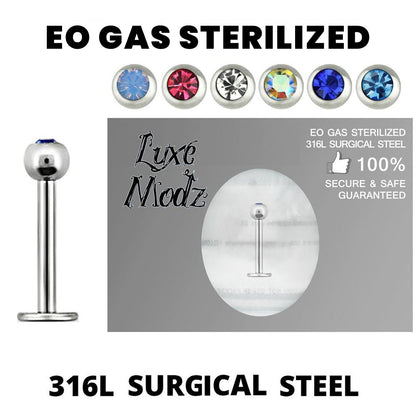 Surgical Steel 16 Gauge Sterilized CZ Ball Labret Stud Flat Back