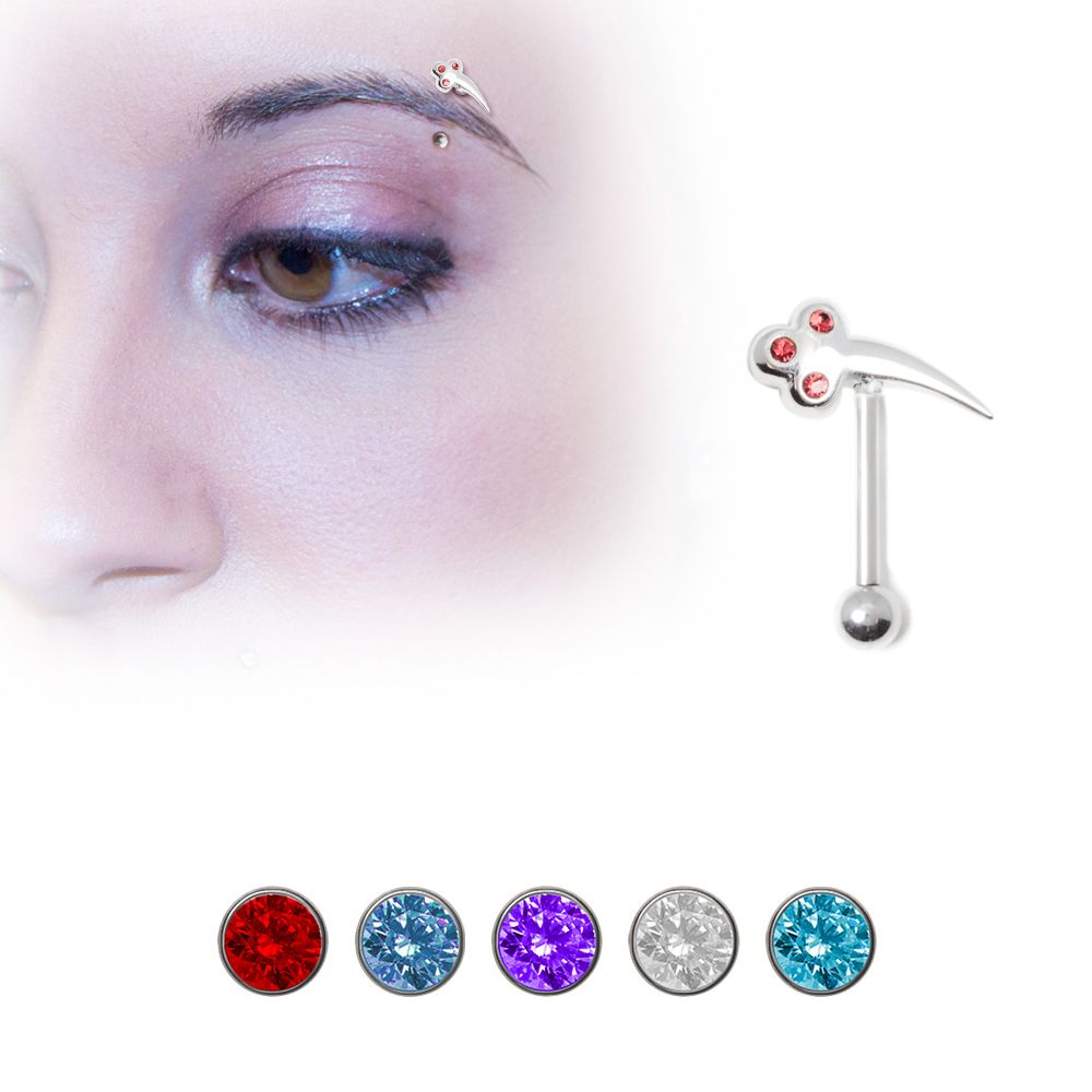 Surgical Steel 16 Gauge Eyebrow Barbell with Sterling Silver 3 Jewel