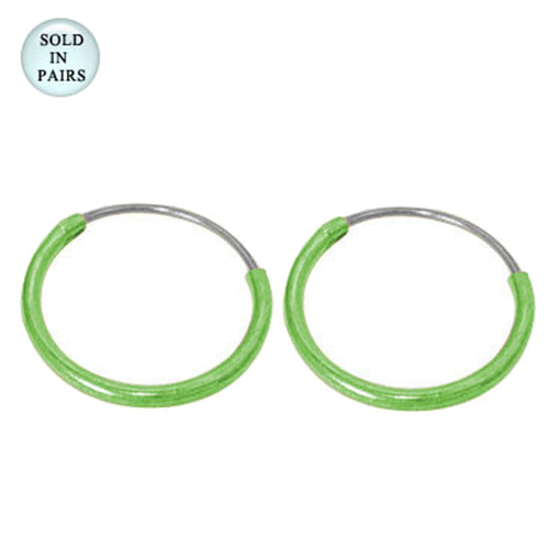 .925 Sterling Silver 20G PVD Light Green Hoop Earrings 12mm - Pair