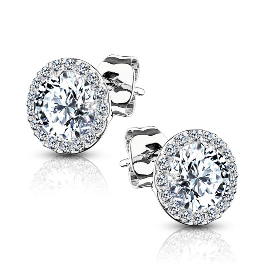 .925 Sterling Silver 20 Gauge Round Halo CZ Stud Earrings - Pair - photo 2