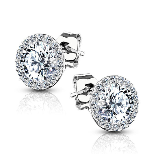 .925 Sterling Silver 20 Gauge Round Halo CZ Stud Earrings - Pair - photo 2