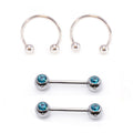 Surgical Steel 16 Gauge Horseshoe & Straight Barbell Aqua CZ Set