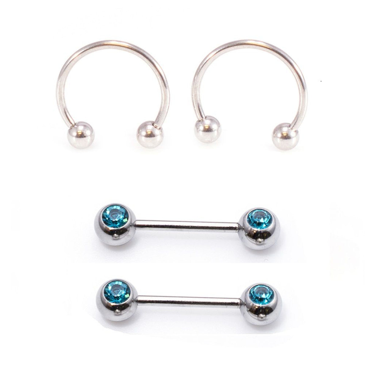 Surgical Steel 16 Gauge Horseshoe & Straight Barbell Aqua CZ Set